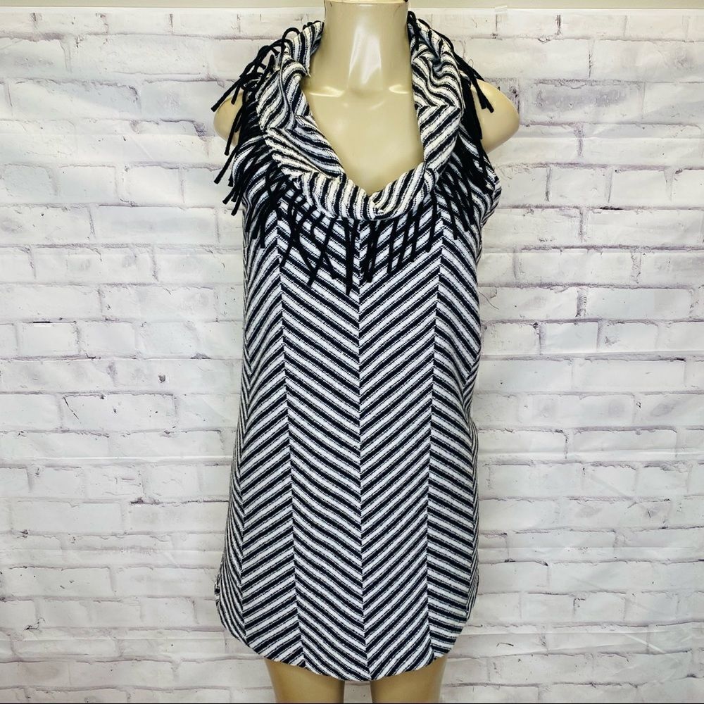 Anthropologie  Corey Lynn Calter stripe wool dress with a cowl neck and fringe